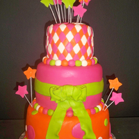 Colorful Pink, Orange And Lime Green 13Th Birthday Cake Colorful 13th Birthday pink, lime green and orange 3 tiered (8", 6", 4") round cake decorated with diamonds, polka dots and...
