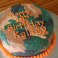 Kelsey's Camo Cake Cake I made for my cousin. She loves hunting and I thought that camo and bright orange would be perfect. All buttercream.