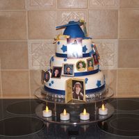 Highschool Graduation Made for grandson's graduation. Carrot cake with cream cheese filling, fondant covered. Used birth picture and school pictures k-12th...