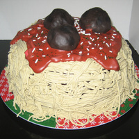 Spaghetti And Meatball Cake Had a lot of fun making this for my husband's birthday. Used my pasta roller to make the spaghetti out of fondant. Meatballs are rice...
