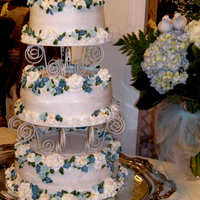 White Cake With Blue Flowers This a wedding cake I made for a dear friend. The Cake was filled with White Chocolate Bavarian Cream and sliced strawberries and was iced...
