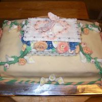 Birthday Cake Marsipan cake with strawberry and cream filling, butterflies and box in sugarpaste. Flowers in mmf.Ofcourse I accidentaly hit my big royal...