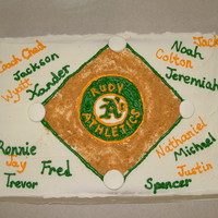 Team Cake A's End of the season cake for my son's team. The Oakland A's was thier team, but Rudy is where they played at.