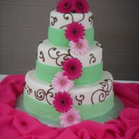 Swirls And Gerbers This was only my second wedding cake and I love the colors the bride gave me to work with. The green and pink just pop!