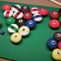 Break & Run Fudgey chocolate cupcakes w/ banana cream filling :-) Fondant "chalk". Cue ball has red dots to simulate a special practice ball...