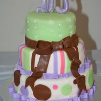 Stripes And Dots Cake 6,8,10 tiered cake covered in fondant with fondant decorations. The ribbon broke, but its not that noticeable. It was my first tiered cake...