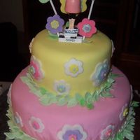 Oops This cake is covered in fondant with fondant cutouts applied and fondant leaves. The picture flash reflected off the silver base and made...