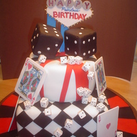 Casino Birthday For a 50th birthday at a casino. Covered in white chocolate fondant with fondant accents. Large dice on top are styrofoam. Small dice are...