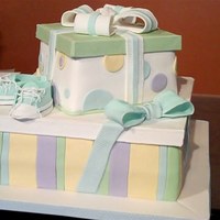 Baby Shower Gift Boxes Based on Sharon Zabito's design, with fondant/tylose box lids. Covered and accented with white chocolate fondant. Textured bows with...