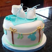 Baby Shower W/booties And Blankie Based on so many cute CC designs..... Small 8" round with booties. Covered in white chocolate fondant, blanket is also white chocolate...