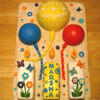 Balloons And Candles Bday Cake I made this quicky cake for my Physical Therapists birthday. The Big yellow balloon is filled the others are just Rainbow chip white cakes...