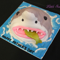 Shark Cake Sculpted from a large dollpan, next time I make this I would shave the back of the head a little more so it has more sleekness of a shark...