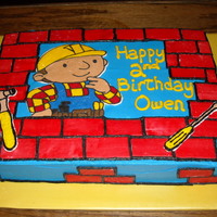 Bob The Builder white cake. Bob is FBCT. Bricks are fondant. Thanks to KathleenR for inspiration.