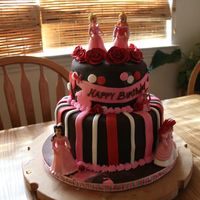 Princess Cake With Stripes Tiered yellow cake filled with choc. pudding. Covered in Satin ice choc. fondant with stripes & circle cutouts. Buttercream border ,...