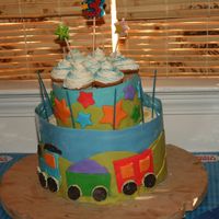 Judes Bday Express This is a cake I made for my sons 3rd bday. 2 tier confetti cake with smbc. Chocolate collar in blue, with layered choc. collar in green...