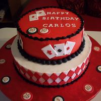 Casino Birthday Two tier cake in buttercream and all decoration in pastillage. The flavors of the cake are ponque (sponge cake with brandy sirop).