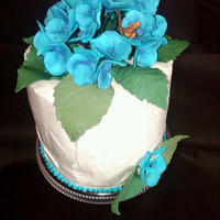 Hydrangea Cake Gum paste hydrangea flowers, leaves and butterfly. First time working with petal dust. This is the 3rd flower I have made. I pretty happy...