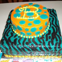 Zebra Print And Dots This cake was for a friend. She wanted turquoise with zebra print, orange with turquoise dots and yellow "B" on top.