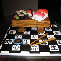 Sushi Cake Sushi cake is completely edible. The table and legs are cake covered with fondant. The large pieces of sushi are also cake covered in...