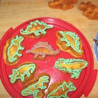 Dinosaur Cakes We got this cool pan that makes cakes in the shape of dinosaurs! Then I made buttercream icing and we piped it around the parts of the...