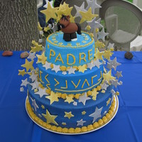 Fundraiser Cake Cake for a fundraiser. Bottom tier vanilla with bc. Top 2 tiers chocolate with bc. Fondant/gumpaste accents. I really wish I owned an...