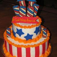 4Th Of July 10" & 6" round, BC icing. Stripes, stars & banner are fondant. Rockets and fire crackers are chocolate tranfers. Happy...