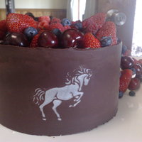 Chiffon Cheesecake Wrapped In Chocolate This is a chiffon cheesecake wrapped in chocolate and topped with cream and mixed berries. The horses were stencilled on in white chocolate...
