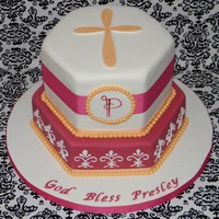 Modern Baptism My first hexagon cake! Created to match the pattern on the invitation. Royal Icing piped Fleur de Lis, real ribbon, hand painted initial,...
