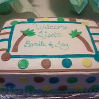 Baby Shower Cake Chocolate and yellow cake with strawberry filling. Buttercream Icing with Fondant Accents