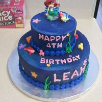 Little Mermaid Cake All BC cake airbrushed blue. The accents are all made from gumpaste or fondant. The Arial topper is a store bought candle.