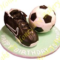 Soccer the shoes is half sheet cake diveded to 3 and carve to shoes shape cover with fondant, the lace is a Licorice lace, logo is made by fondant...