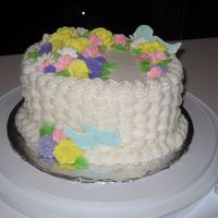 Basketweave And Flowers - Wilton Course 2 Cake for Course 2 - basketweave, rope border, RI flowers, colorflow birds.