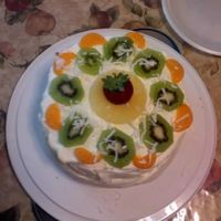 Fresh Fruit Cake This is a butter cake with fresh fruit inside and top. with whipped cream frosting and coconut. Thank you evelynpr for you help, I could...
