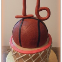Basketball 16Th Birthday Red Velvet with cream cheese icing carved into shape of a basketball goal (2 six inch and 1 7 inch cake). Fondant "net" and &quot...