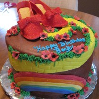 Wizard Of Oz Ruby Slippers Triple layer chocolate cake filled with chocolate ganache, chocolate buttercream. Gumpaste Ruby slippers, MMF yellow brick road, red...