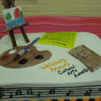 Cultural Arts 1/2 sheet cake made for a PTA Cultural Arts Awards. Paint pallet, sheet of paper, book made with MMF, paint brush and easel made of...