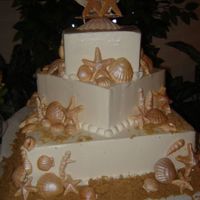 Sea Shells Buttercream, chocolate cake, vanilla buttercream, edible shells. The wedding's theme was the beach.