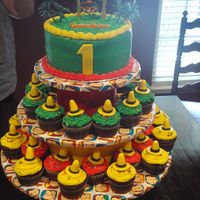 Curious George I really enjoyed doing this one. I made the little hats out of fondant. The cupcake tower was really easy to make.