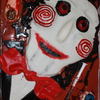 Saw-Billy The Puppet Chocolate fudge with raspberry creme filling & chocolate mousse filling. White chocolate ganache covered(colored).