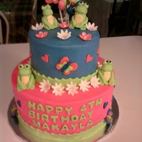 Frogs And Flowers I did this cake for my granddaughter's 4th birthday. She wanted it hot pink and blue with frogs. The frogs and flowers are fondant/...