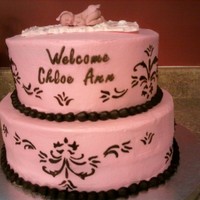 Baby Shower With Damask Stencil Baby shower cake with chocolate ganache damask stencil. Gumpaste baby on top.