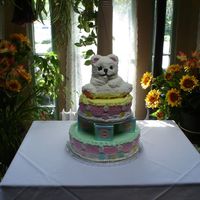 Teddy Bear Baby Shower Cake This is a two tier baby shower cake with the second tier sitting on gum paste blocks. The top tier has a decorated teddy bear cake on top...