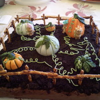 Pumpkin Patch chocolate cake and frosting with pretzel fence glued together with chocolate. handpainted fondant pumpkins and faires.