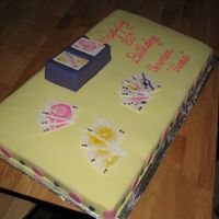 80Th Birthday/ Canasta Theme Cake Butter cake with strawberry filling and buttercream frosting, covered with fondant, card holder is butter cake covered in fondant. Canasta...