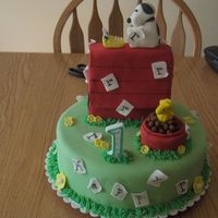 Snoopy On His Dog House Base cake is yellow cake, buttercream and fondant. Decorations are fondant. Dog food bowl is yellow cake, fondant and cocoa puffs. Dog...