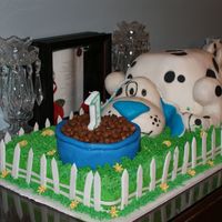 First Birthday: Dalmation And Dog Bowl "Yard" is chocolate cake with buttercream and fondant decorations. "Dog body" is yellow cake, buttercream and fondant...