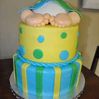 Baby Shower Cake For A Boy 10 and 8 in chocolate and vanilla cake covered in MMF. Baby bottom is made out of the half ball pan and feet are hand molded .