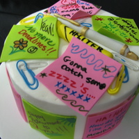 Office Retirement BC icing, fondant post-its, hi-liter, pen and paper clips. Wrote on post-its with edible food writers. Painted gold on silver pen. I mixed...