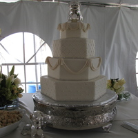 Bling, Pearls, Drapes And Dogs All BC with fondant swags and pearls. Purchased rhinestone trim. The bride and groom wanted to feature their doggies on their wedding cake...