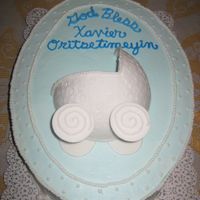 Baby Buggy Cake covered in buttercream. Baby buggy made of fondant. Fondant aroung sides of cake.